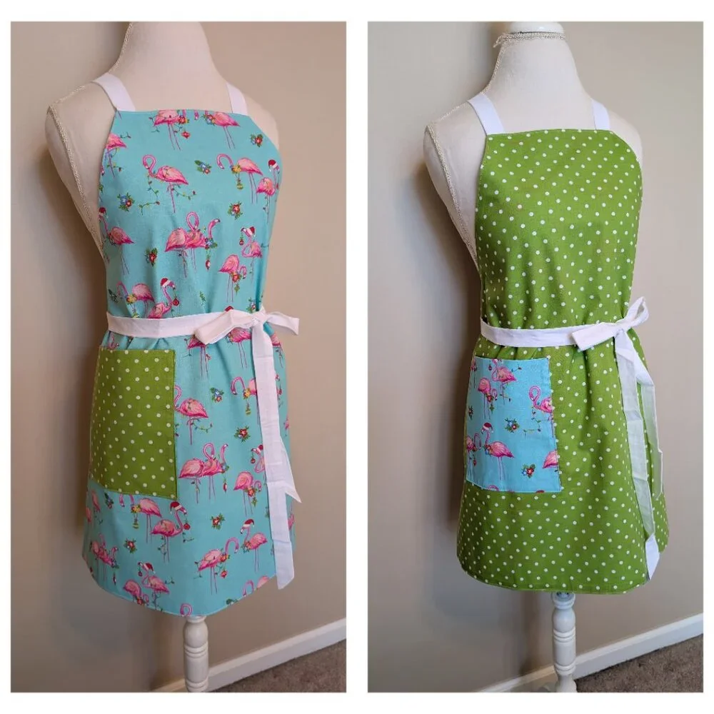 NWT Handmade Reversible Apron - Christmas flamingos and dots - One Size